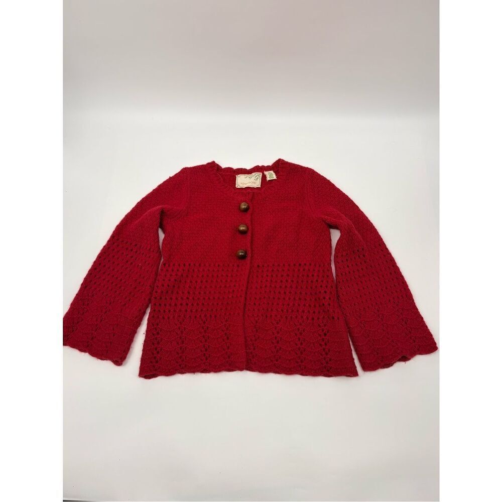 Anthropologie | cashmere Angela wool blend Red Crochet Cardigan w/ Wood Buttons